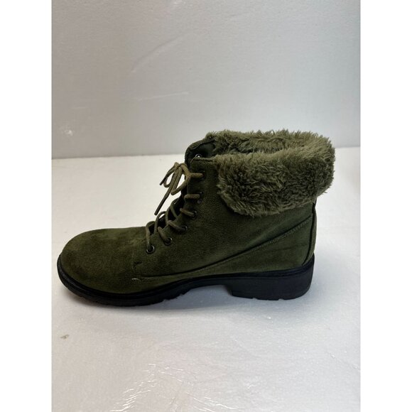 Womens Modern Rebel Olive Faux Suede Ankle Boots With Faux Fur Lining & Lace-Up - Picture 4 of 14